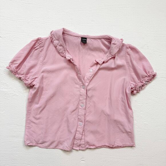 Shein Pink Ruffle Trim Button Front Crop Blouse, Size Small - Picture 1 of 7